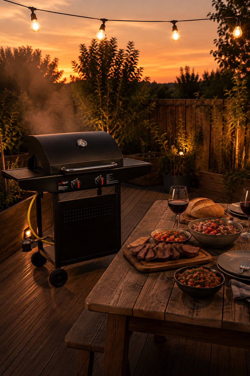 Parrilla a gas Alerce en terraza con mesa servida al atardecer