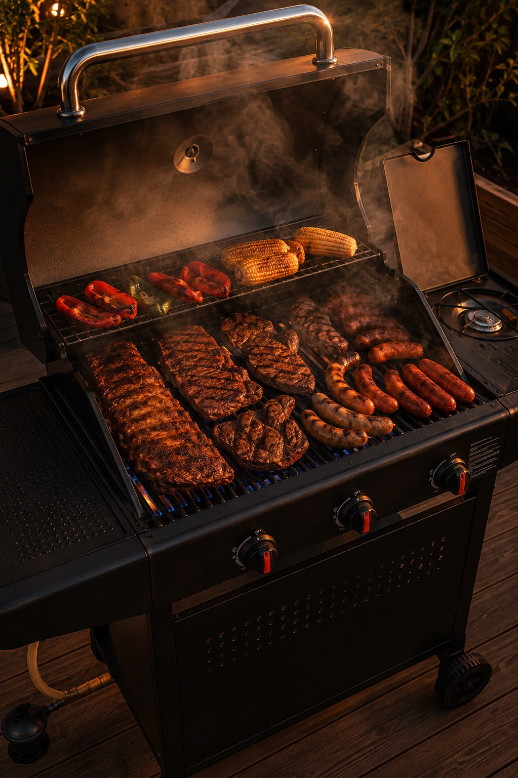 Parrilla a gas Arrayán con asado de carnes y verduras