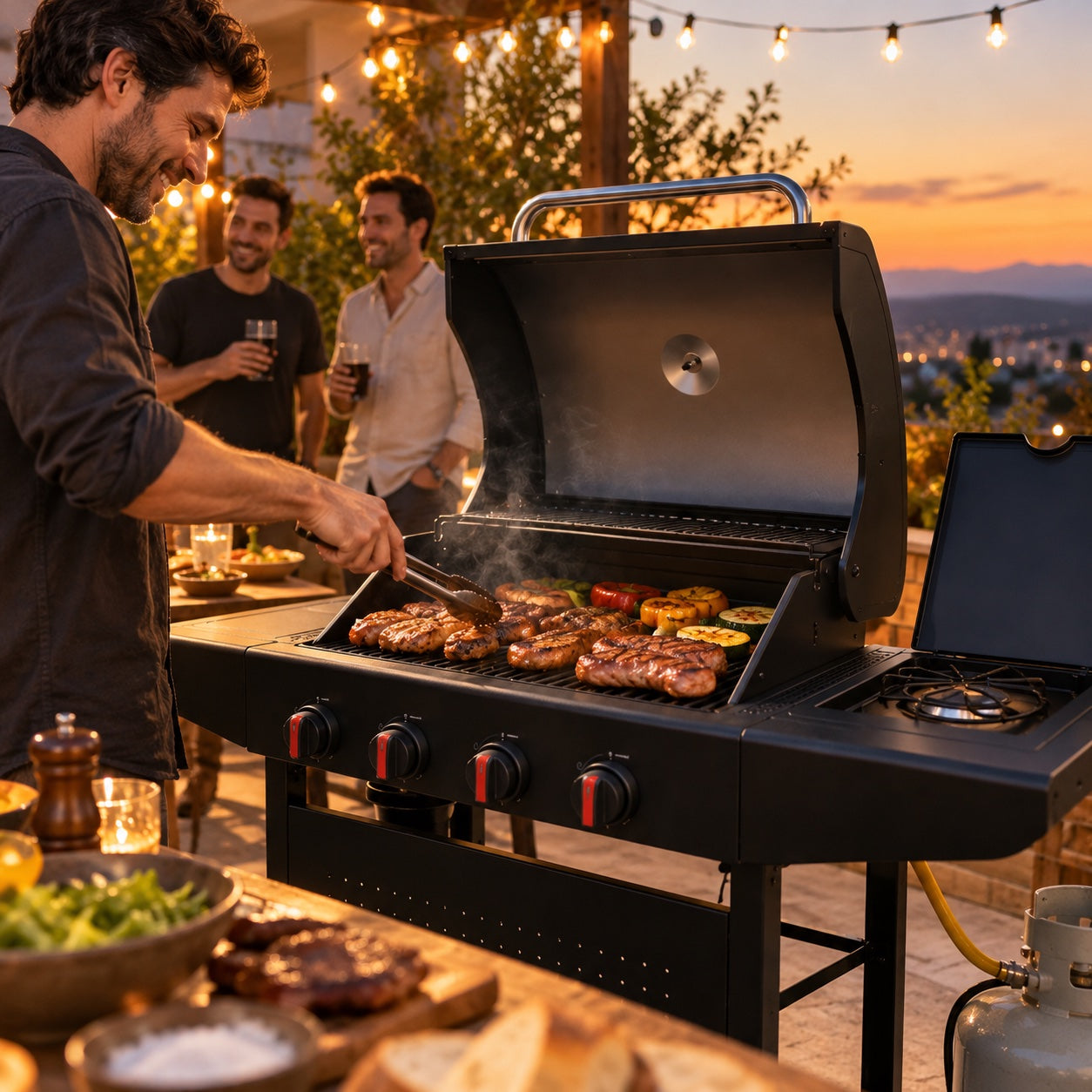 Asado entre amigos al atardecer con parrilla a gas Arrayán