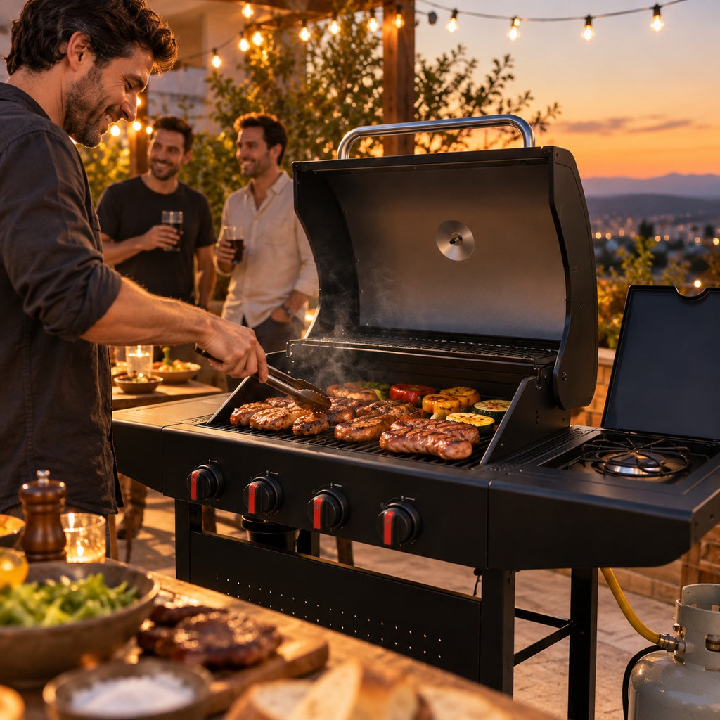 Asado entre amigos al atardecer con parrilla a gas Arrayán