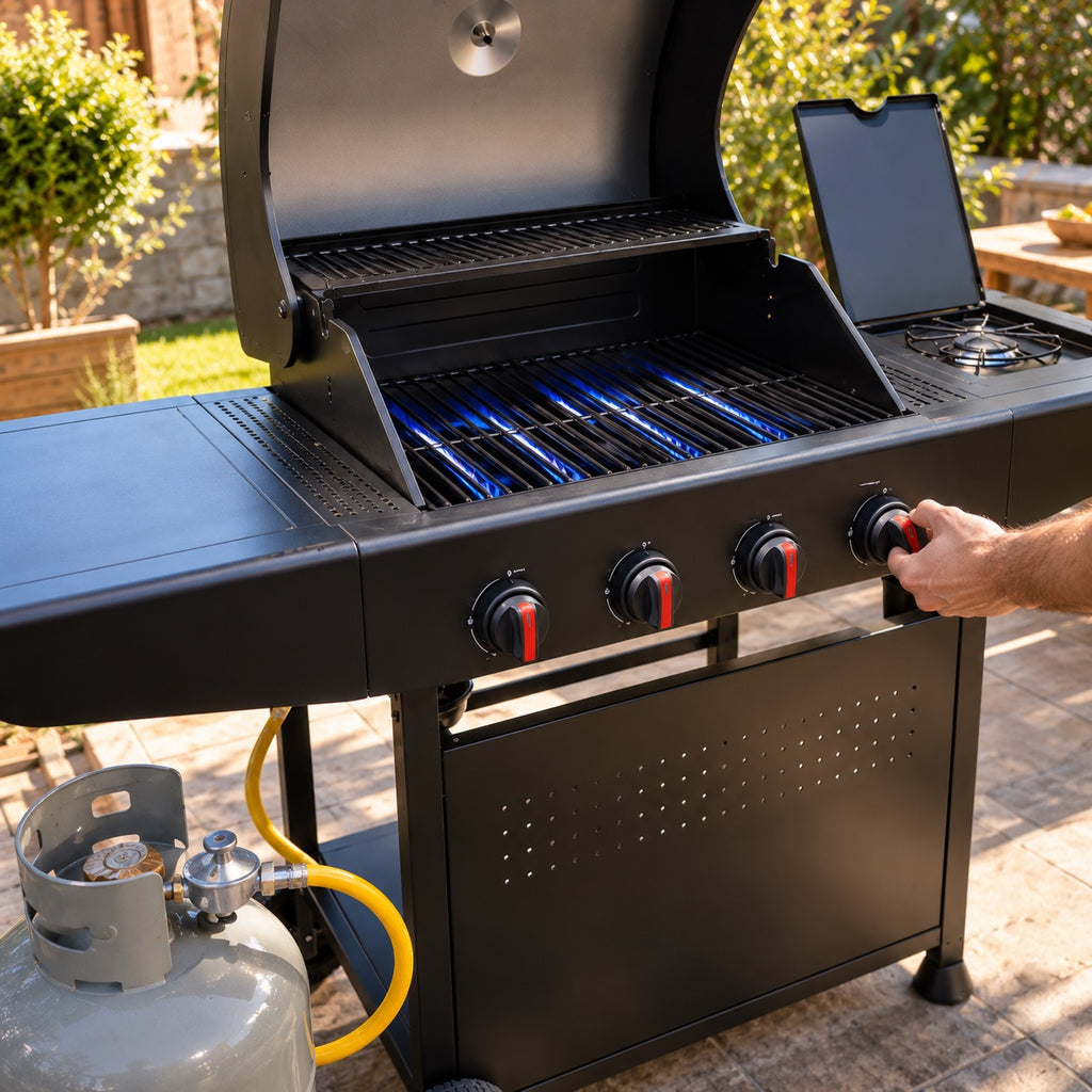 Encendido de parrilla a gas con cilindro, regulador y flexible certificados