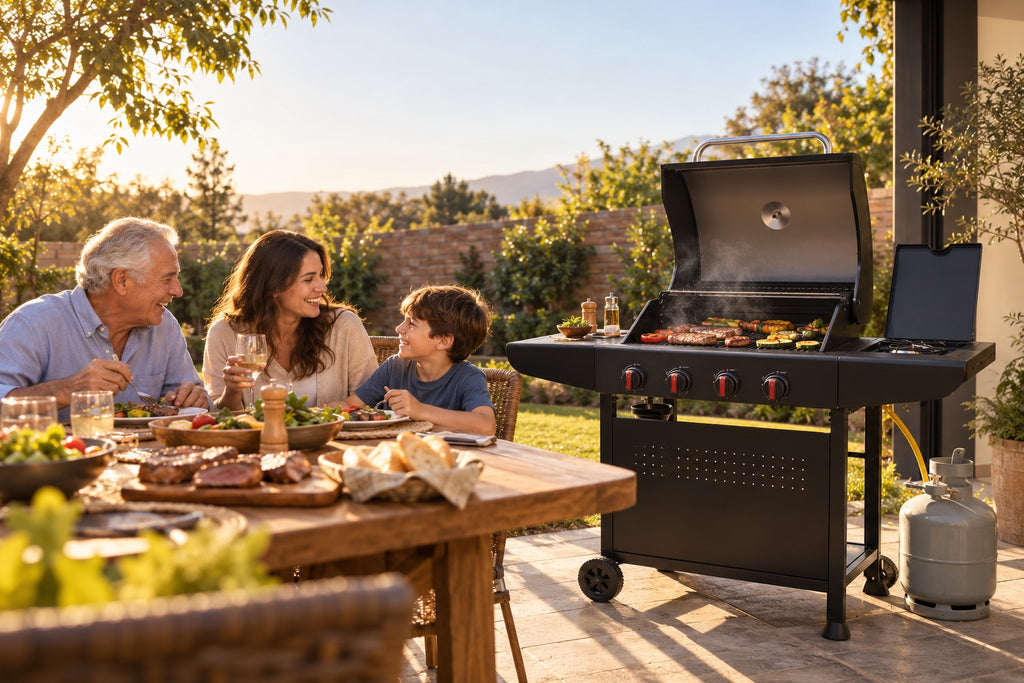 Familia disfrutando un asado en el patio con parrilla a gas Arrayán de Reptilia